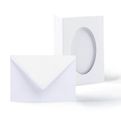 Pack de tarjetas blancas trípticas con ventana ovalada