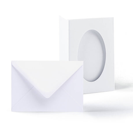 Pack de tarjetas blancas trípticas con ventana ovalada
