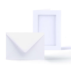 Pack de tarjetas blancas trípticas con ventana rectangular